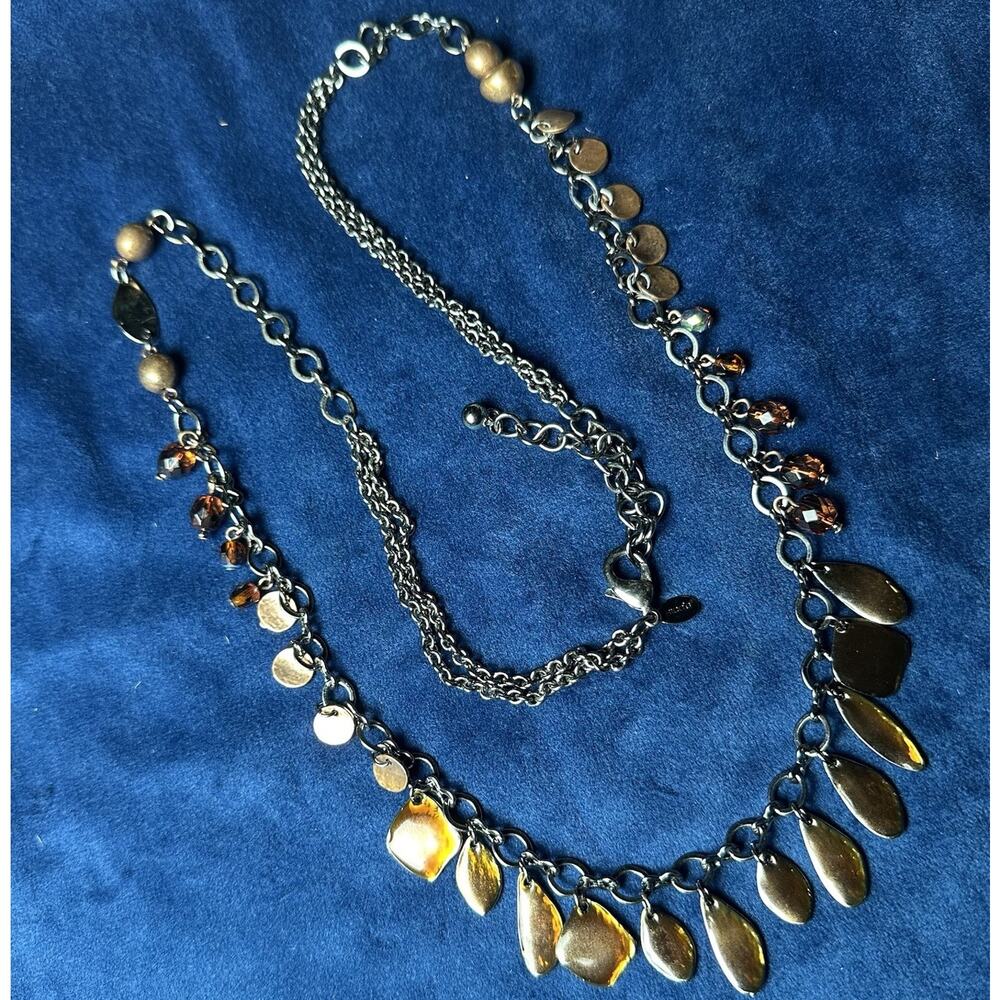 Chicos Necklace Station 24-36" Mixed Media Gold Amber earthtone Hippie Boho